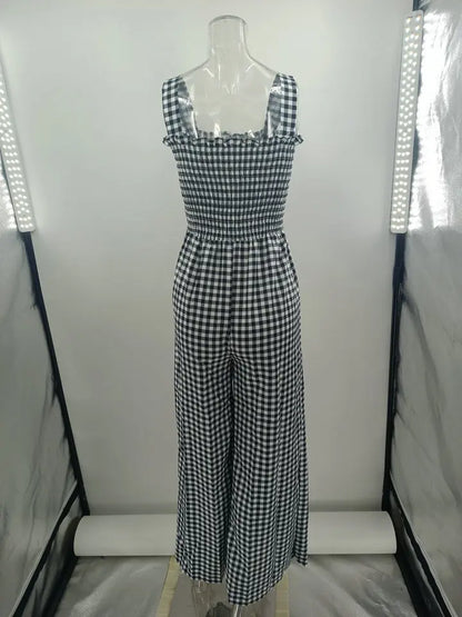 Jumpsuits- Plaid Gingham Jumpsuit for Summer Days- - Chuzko Women Clothing