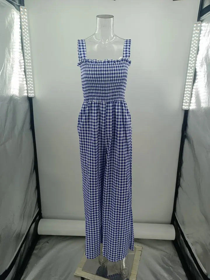 Jumpsuits- Plaid Gingham Jumpsuit for Summer Days- - Chuzko Women Clothing