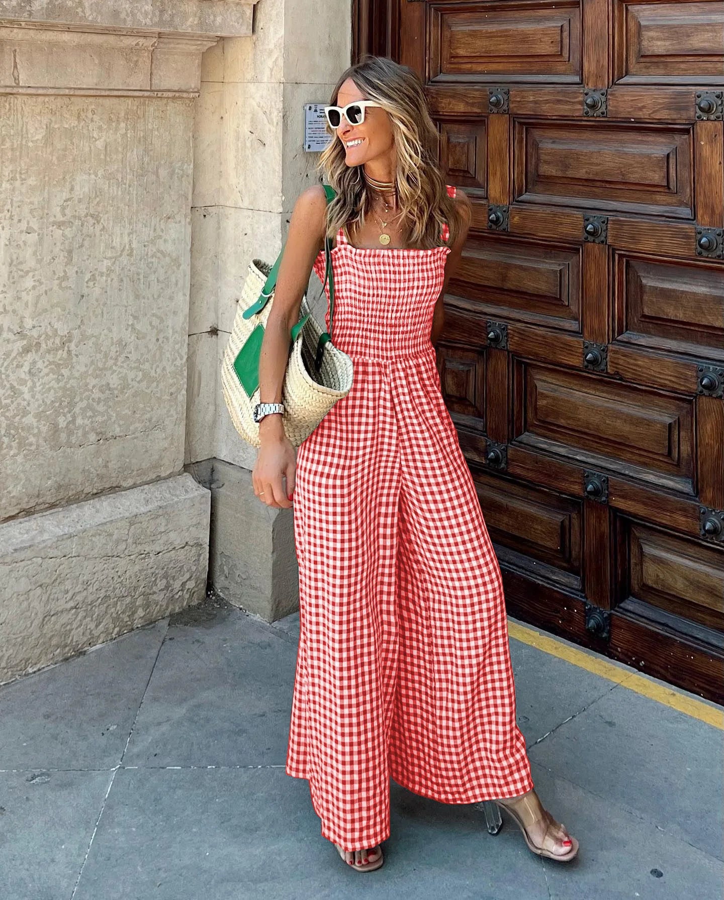 Jumpsuits- Plaid Gingham Jumpsuit for Summer Days- Red- Chuzko Women Clothing