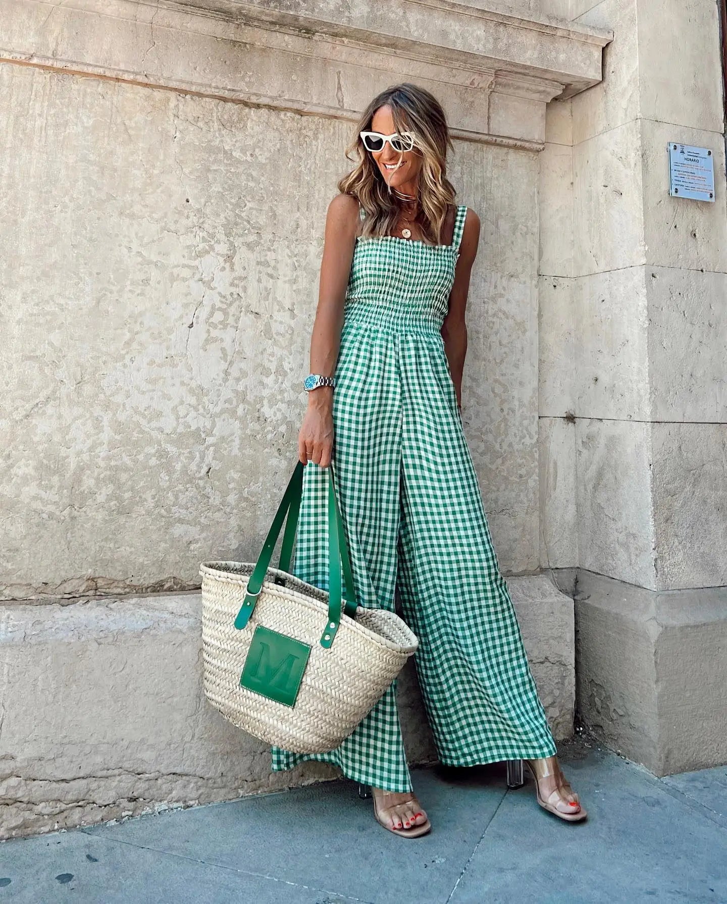 Jumpsuits- Plaid Gingham Jumpsuit for Summer Days- Green- Chuzko Women Clothing