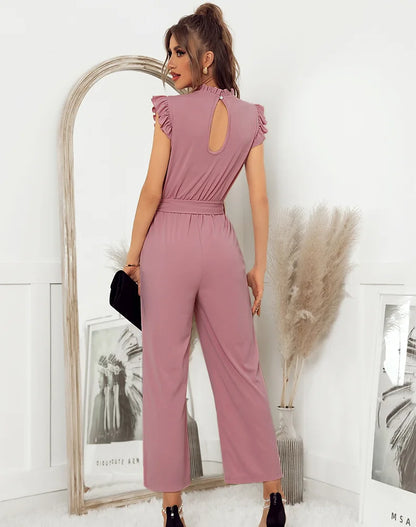 Solid Belted Jumpsuit - Women's Full-Length Playsuit with Frill Collar