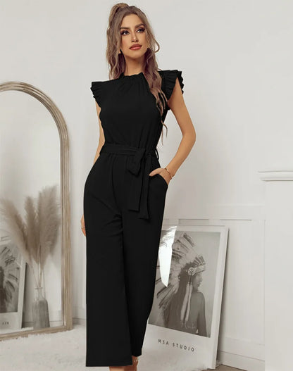 Solid Belted Jumpsuit - Women's Full-Length Playsuit with Frill Collar
