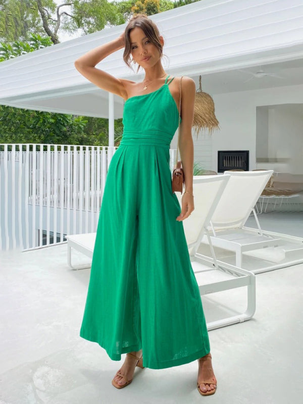 Jumpsuits- Solid Wide-Leg Jumpsuit - One Shoulder Palazzo Playsuit- - Chuzko Women Clothing