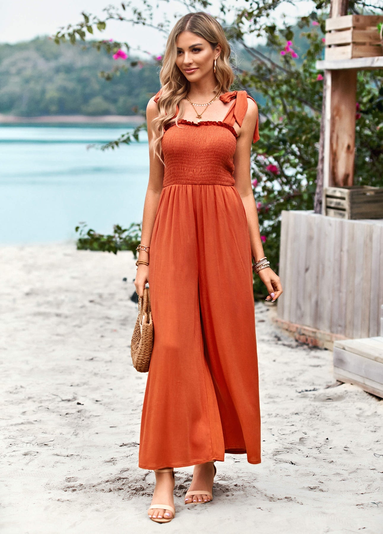 Vacation Casual Smocked Jumpsuits - Wide Leg Overalls with Pockes Jumpsuits - Chuzko Women Clothing