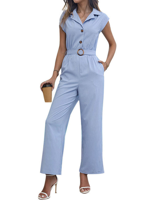 Jumpsuits- Women's Button-Up Playsuit - Full-Length Shirt Playsuit with Belt- - Chuzko Women Clothing