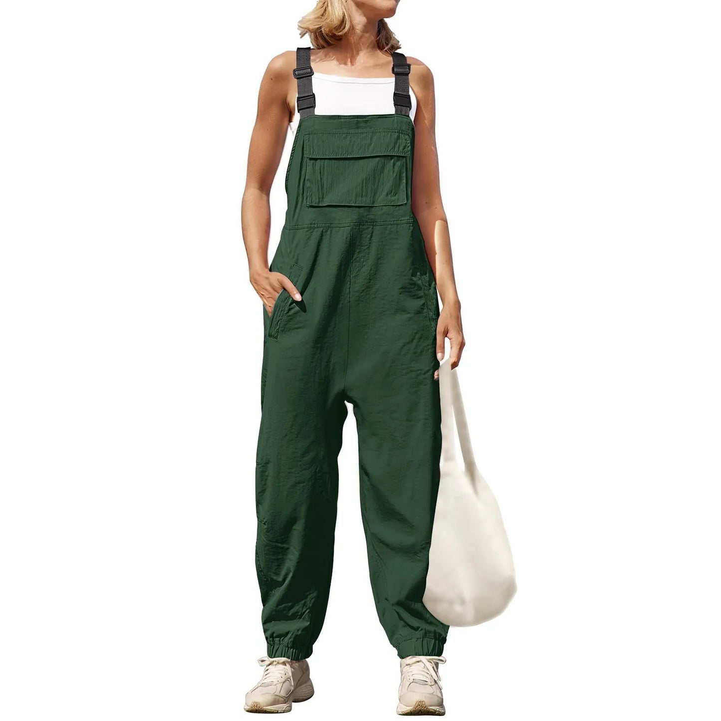Jumpsuits- Women's Solid Bib Pencil Pantsuits with Multipockets - Baggy Overalls- Army Green- Chuzko Women Clothing