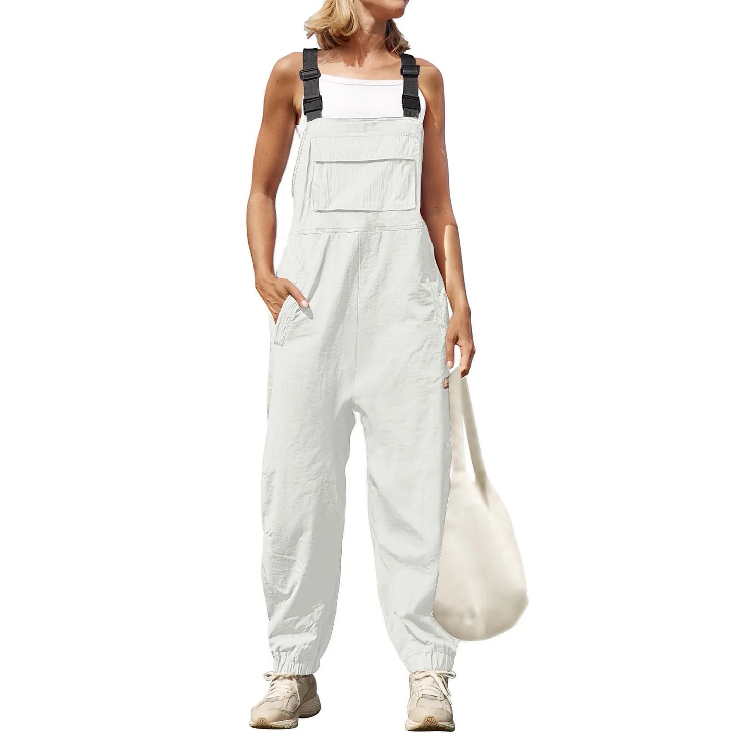 Jumpsuits- Women's Solid Bib Pencil Pantsuits with Multipockets - Baggy Overalls- Beige- Chuzko Women Clothing
