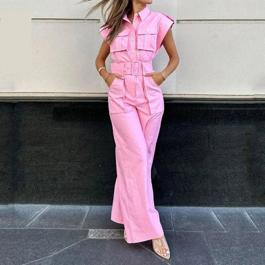 Jumpsuits- Women's Solid Utility Playsuit with Multipockets - Flap Design Shirt Jumpsuit- Pink- Chuzko Women Clothing