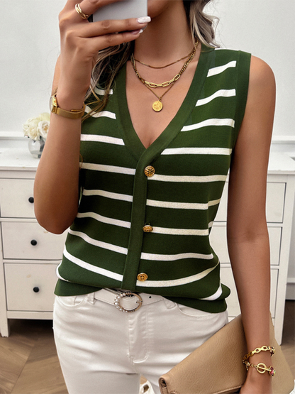 Knit Tops- Stripe Sleeveless Knit Top with Buttons Applique- Olive green- Chuzko Women Clothing