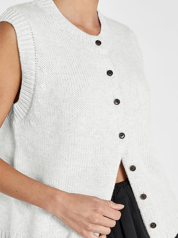 Knit Tops- Women's Knitting Button-Up Sleeveless Top- White- Chuzko Women Clothing