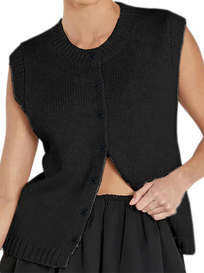 Knit Tops- Women's Knitting Button-Up Sleeveless Top- Black- Chuzko Women Clothing