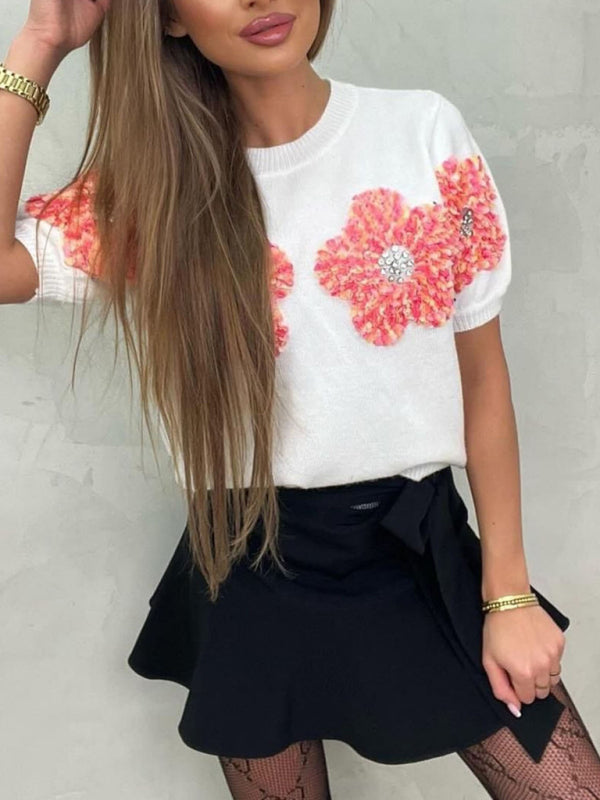 Women's Short Sleeve Knit Top with Flower Appliques