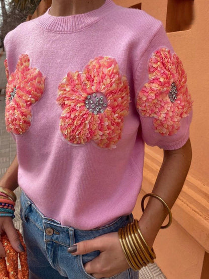 Women's Short Sleeve Knit Top with Flower Appliques