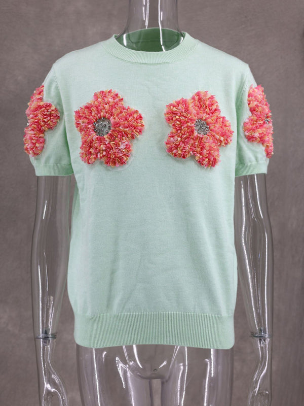 Haut en tricot à manches courtes pour femmes avec appliques de fleurs