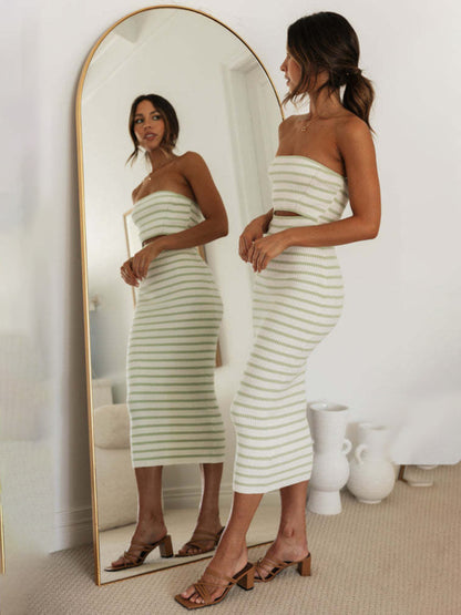 Knitting Dresses- Stripes Summer Strapless Cutout Dress with Body-Hugging Fit- - Chuzko Women Clothing