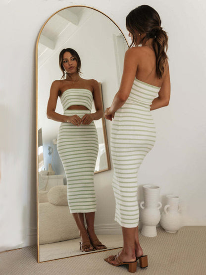 Knitting Dresses- Stripes Summer Strapless Cutout Dress with Body-Hugging Fit- - Chuzko Women Clothing
