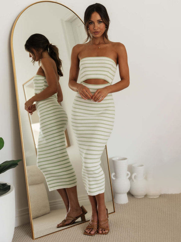 Knitting Dresses- Stripes Summer Strapless Cutout Dress with Body-Hugging Fit- Green- Chuzko Women Clothing