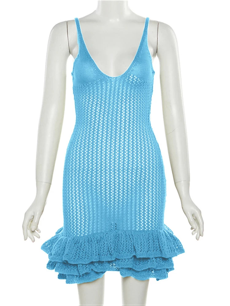 Knitting Dresses- V-Neck Cover-Up Dress for Beach Vacations & Poolside Parties- Blue- Chuzko Women Clothing