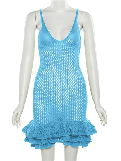 Knitting Dresses- V-Neck Cover-Up Dress for Beach Vacations & Poolside Parties- Blue- Chuzko Women Clothing