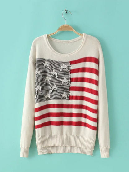 Knitting Sweaters- American Flag Knitting Sweater for Women- - Chuzko Women Clothing