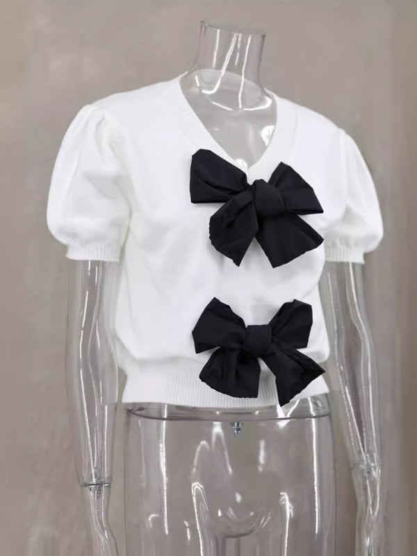 Bow-tiful Women's Short Sleeve Knit Top with Delicate Bows