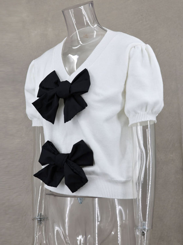 Bow-tiful Women's Short Sleeve Knit Top with Delicate Bows