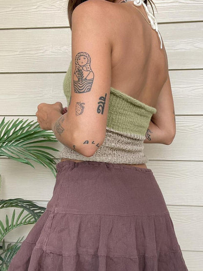 Knitting Tops- Knit Contrast Women's Sleeveless Open Back Cami Halter Top- - Chuzko Women Clothing
