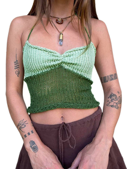 Knitting Tops- Knit Contrast Women's Sleeveless Open Back Cami Halter Top- Deep green- Chuzko Women Clothing