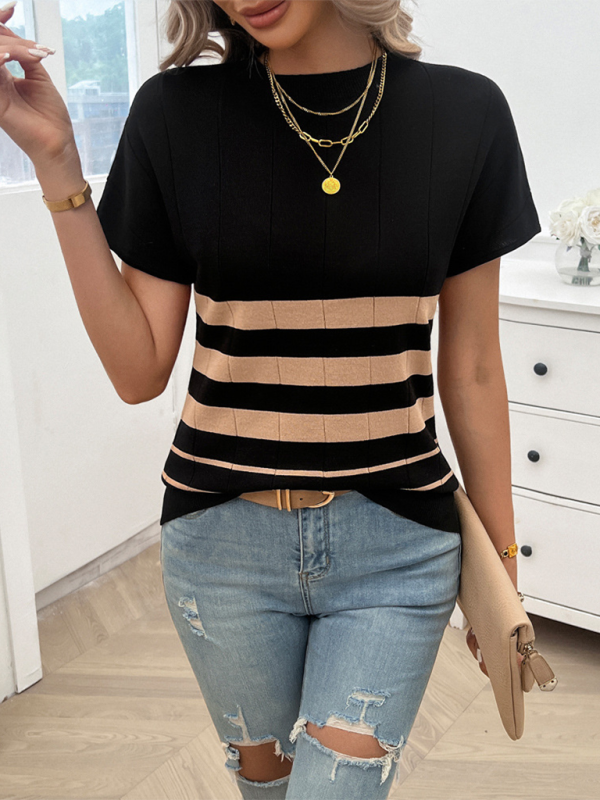Knitting Tops- Slim Fit Striped Sweater Top Perfect for Fall Shopping- - Chuzko Women Clothing