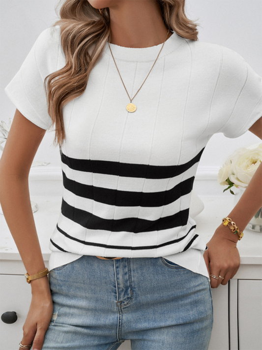 Knitting Tops- Slim Fit Striped Sweater Top Perfect for Fall Shopping- White- Chuzko Women Clothing