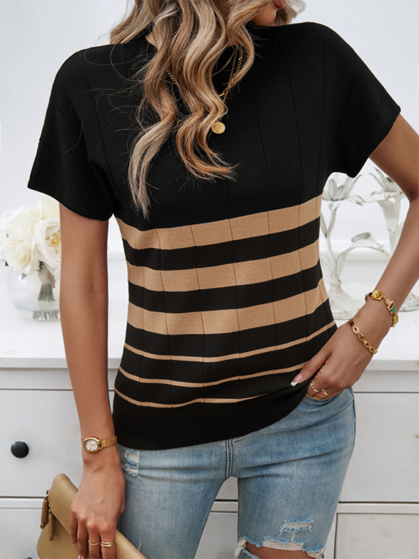 Knitting Tops- Slim Fit Striped Sweater Top Perfect for Fall Shopping- Black- Chuzko Women Clothing