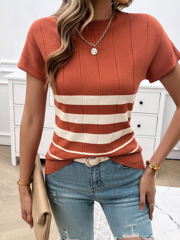 Knitting Tops- Slim Fit Striped Sweater Top Perfect for Fall Shopping- Orange Red- Chuzko Women Clothing
