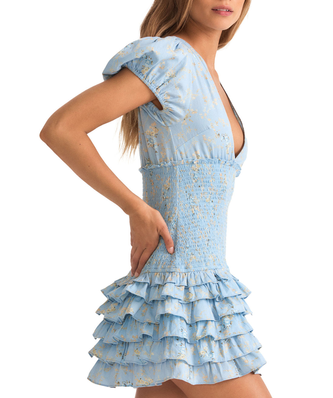 Trendy Women's A-Line Smocked Ruffle Mini Dress - Blue Layered Dress Mini Dress - Chuzko Women Clothing