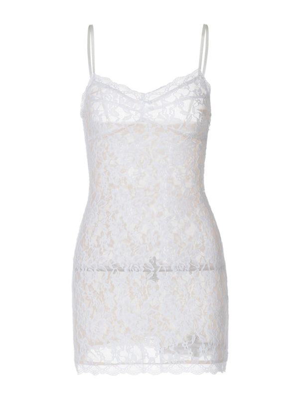 Lace Dresses- Mesh Lined Cami Mini Dress for Summer in Floral Lace- - Chuzko Women Clothing
