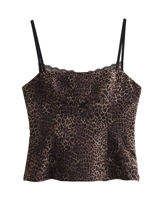 Fitted Cami Top with Lace Accents in Leopard Print