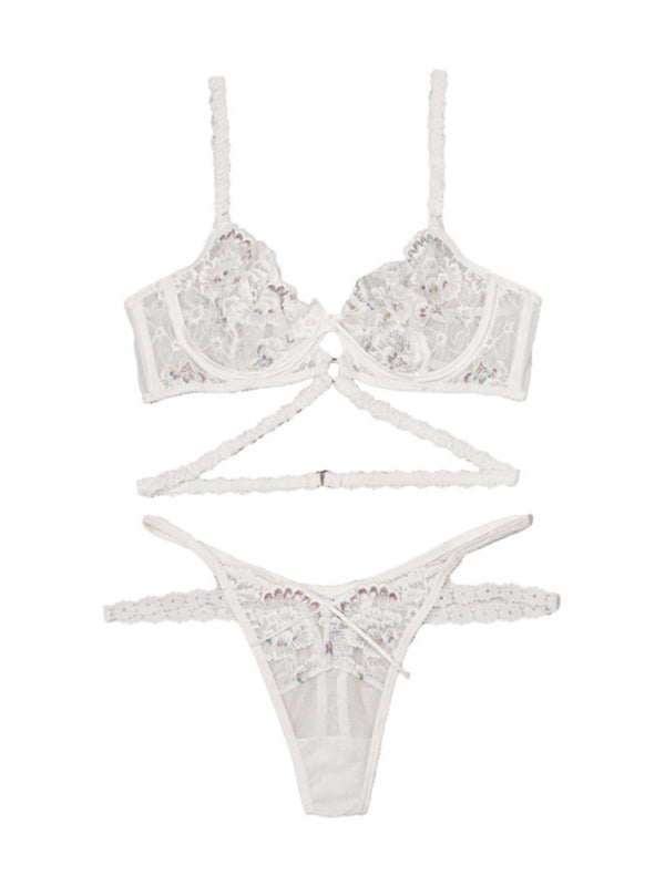 Lingerie- Bridal Embroidered Lace 2-Piece Lingerie Set - G-String Thong & Underwire Bra- - Chuzko Women Clothing