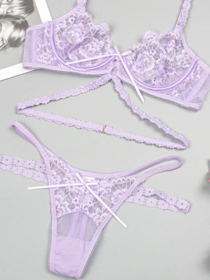 Lingerie- Bridal Embroidered Lace 2-Piece Lingerie Set - G-String Thong & Underwire Bra- Purple- Chuzko Women Clothing