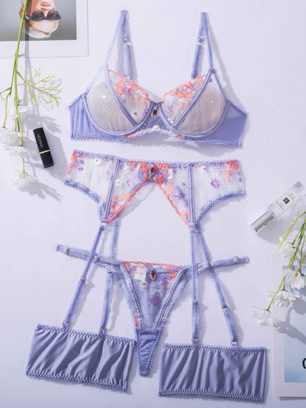 Lingerie- Lingerie 3 Piece Set for Honeymoon - G-String & Bra & Garter Belt Set- - Chuzko Women Clothing