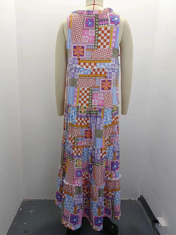 Lounge Dresses- Geo Floral Print Tunic Tank Maxi Dress for Laid-back Days- - Chuzko Women Clothing