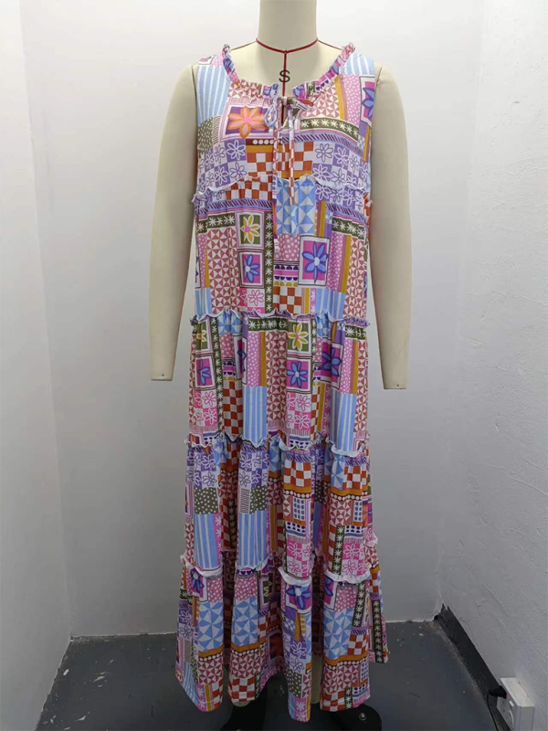 Lounge Dresses- Geo Floral Print Tunic Tank Maxi Dress for Laid-back Days- - Chuzko Women Clothing