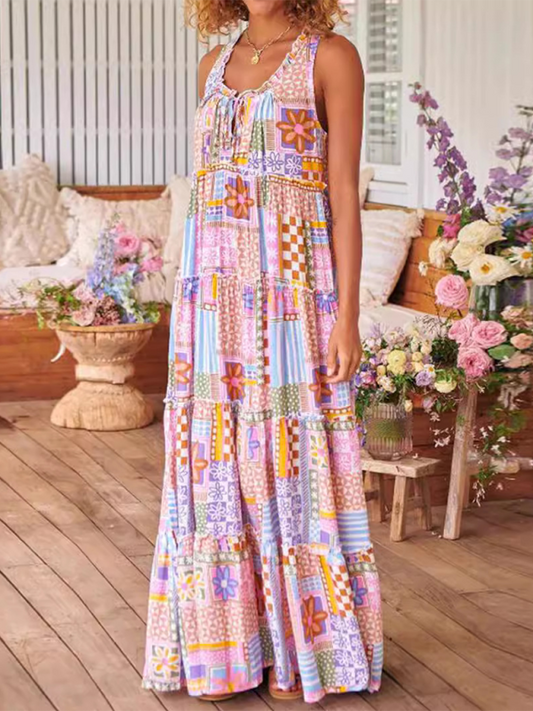 Lounge Dresses- Geo Floral Print Tunic Tank Maxi Dress for Laid-back Days- Pink- Chuzko Women Clothing