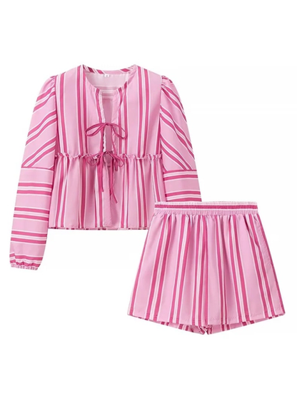 Lounge Outfit- Women's Striped Print Lounge Set with Tie-Up Blouse & Shorts- - Chuzko Women Clothing