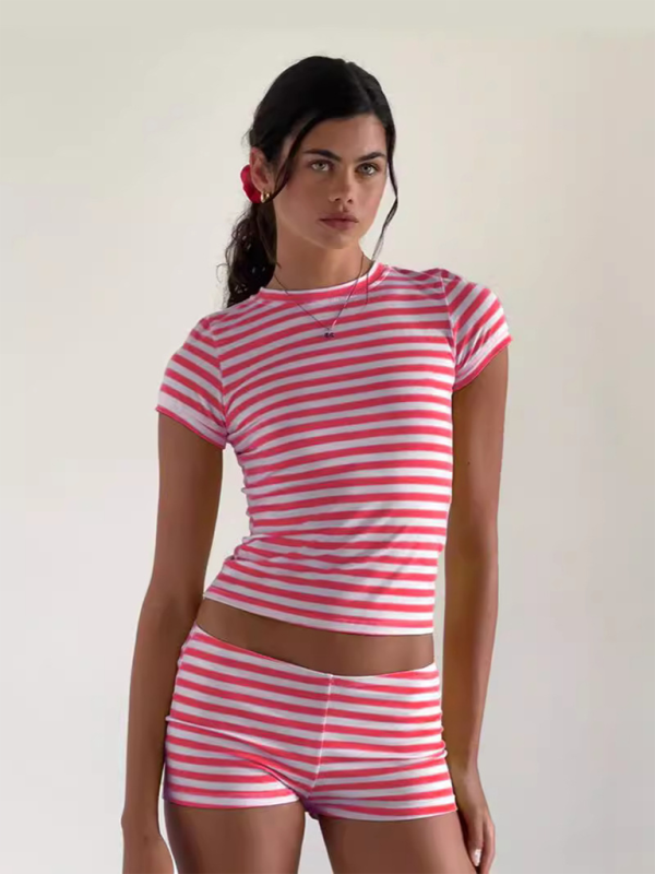 Lounge Set- Striped Crop Tee & Shorts Lounge Outfit for Women- - Chuzko Women Clothing
