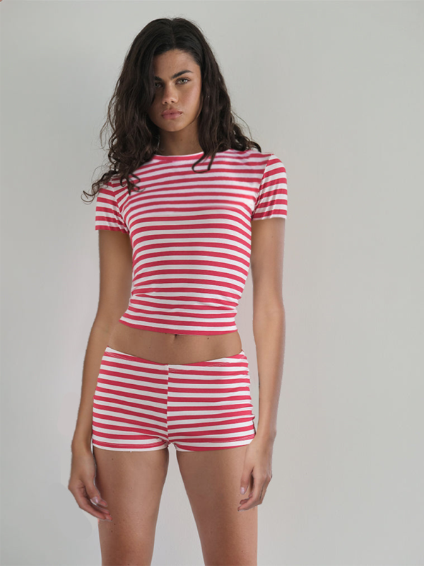 Lounge Set- Striped Crop Tee & Shorts Lounge Outfit for Women- Red- Chuzko Women Clothing