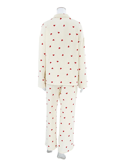 Loungewear- Cotton Love Print Pajamas Women's Long Sleeve Shirt & Pants Set- - Chuzko Women Clothing
