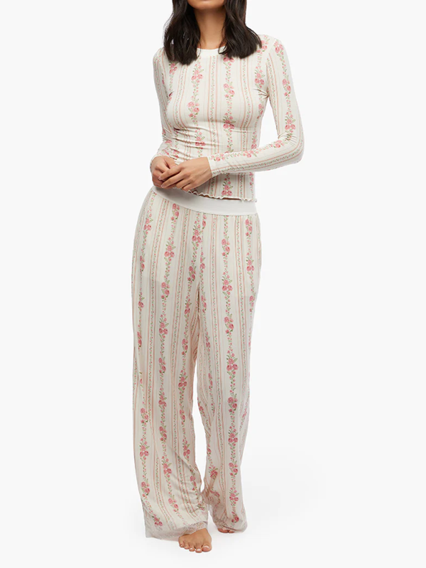 Pyjama Floral Loungewear - Ensemble t-shirt à manches longues et pantalon décontracté pour femme