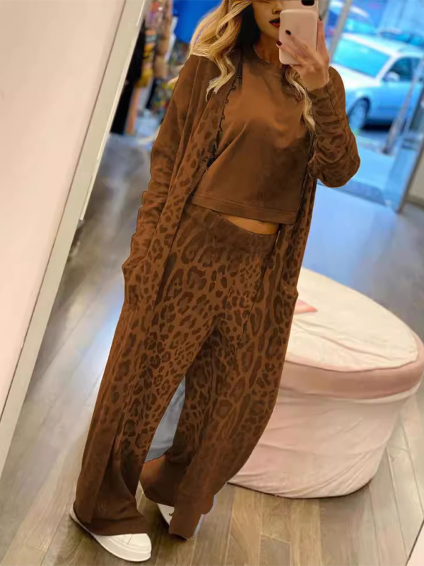 Loungewear- Leopard Print Lounge Set - Long Sleeve Cardigan Top & Pants- Brown- Chuzko Women Clothing