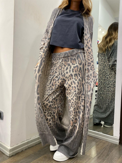 Loungewear- Leopard Print Lounge Set - Long Sleeve Cardigan Top & Pants- Pattern- Chuzko Women Clothing