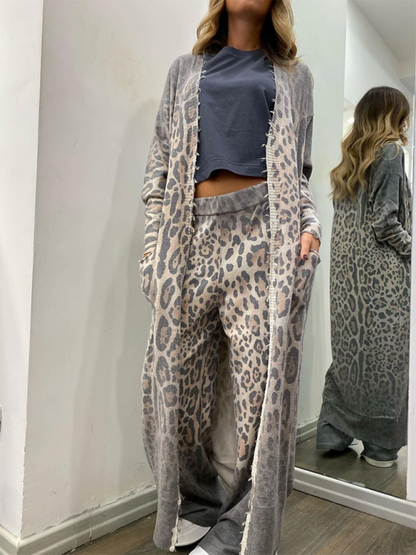 Loungewear- Leopard Print Lounge Set - Long Sleeve Cardigan Top & Pants- - Chuzko Women Clothing