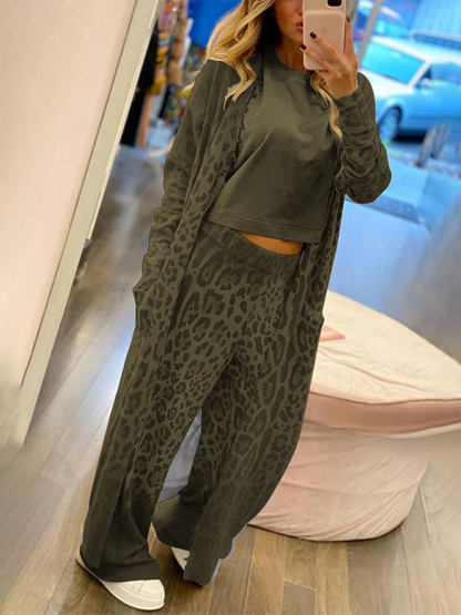 Loungewear- Leopard Print Lounge Set - Long Sleeve Cardigan Top & Pants- Green- Chuzko Women Clothing